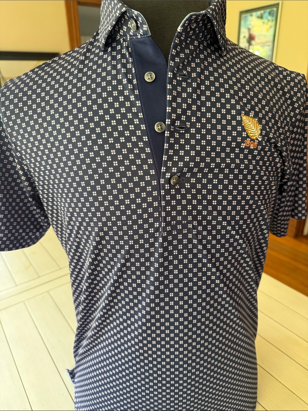 Greyson Men's Navy Micro-Pattern Polo with Embroidered Leaf Detail